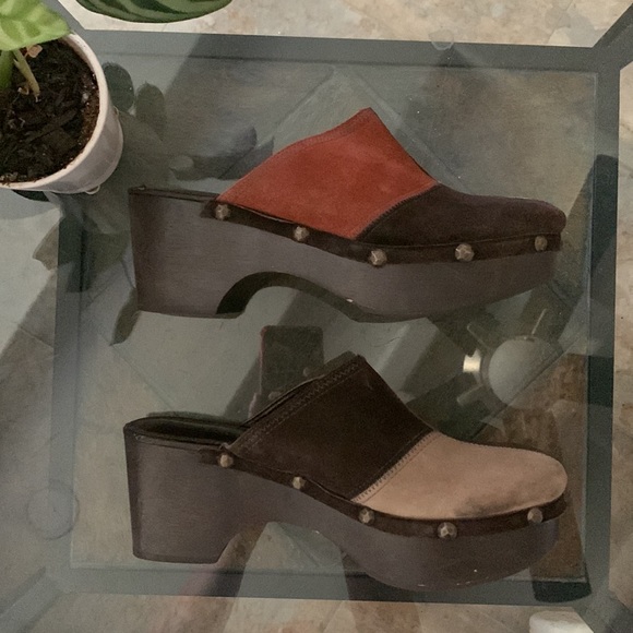 Y2K 90s FRANCO SARTO Chunky Suede Color-Block Studded Clog - Picture 4 of 11